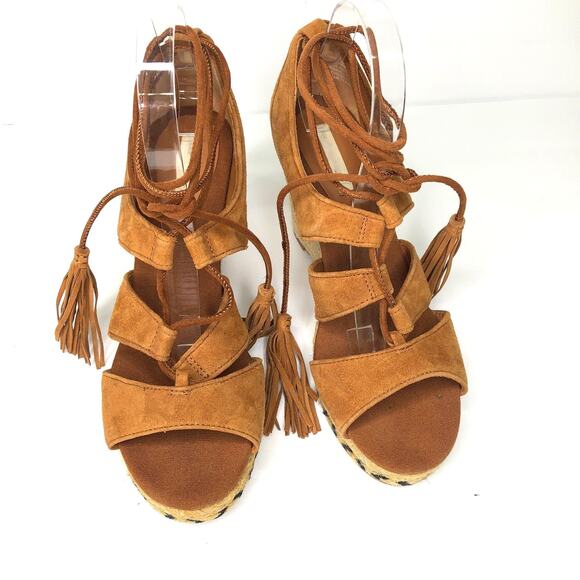 H&M Cognac Brown Suede Espadrille Wedge Lace Up Sandals 8.5 - Picture 3 of 10